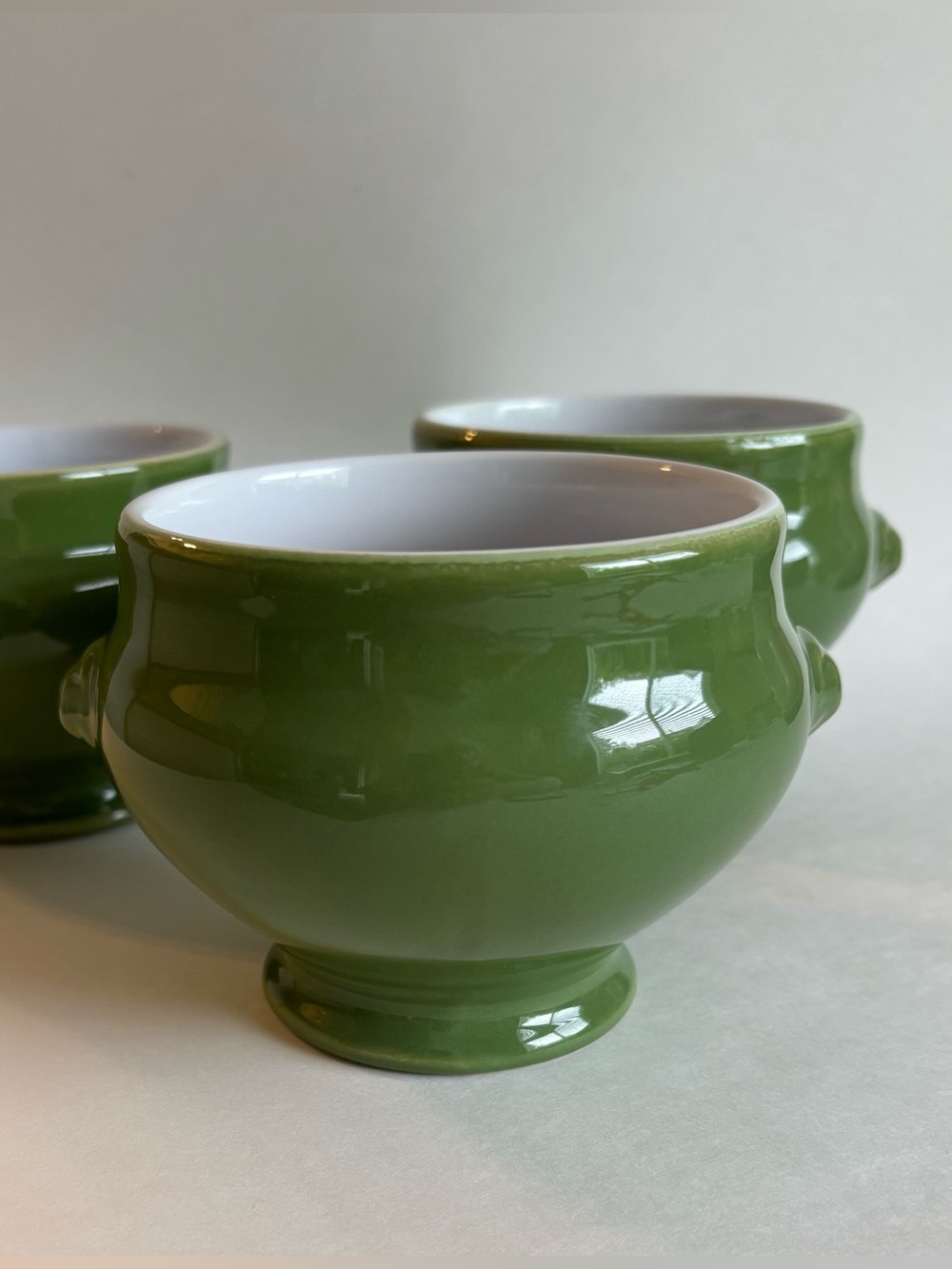 Emile Henry France Lions Head Green Ceramic Soup Bowls Set of 3